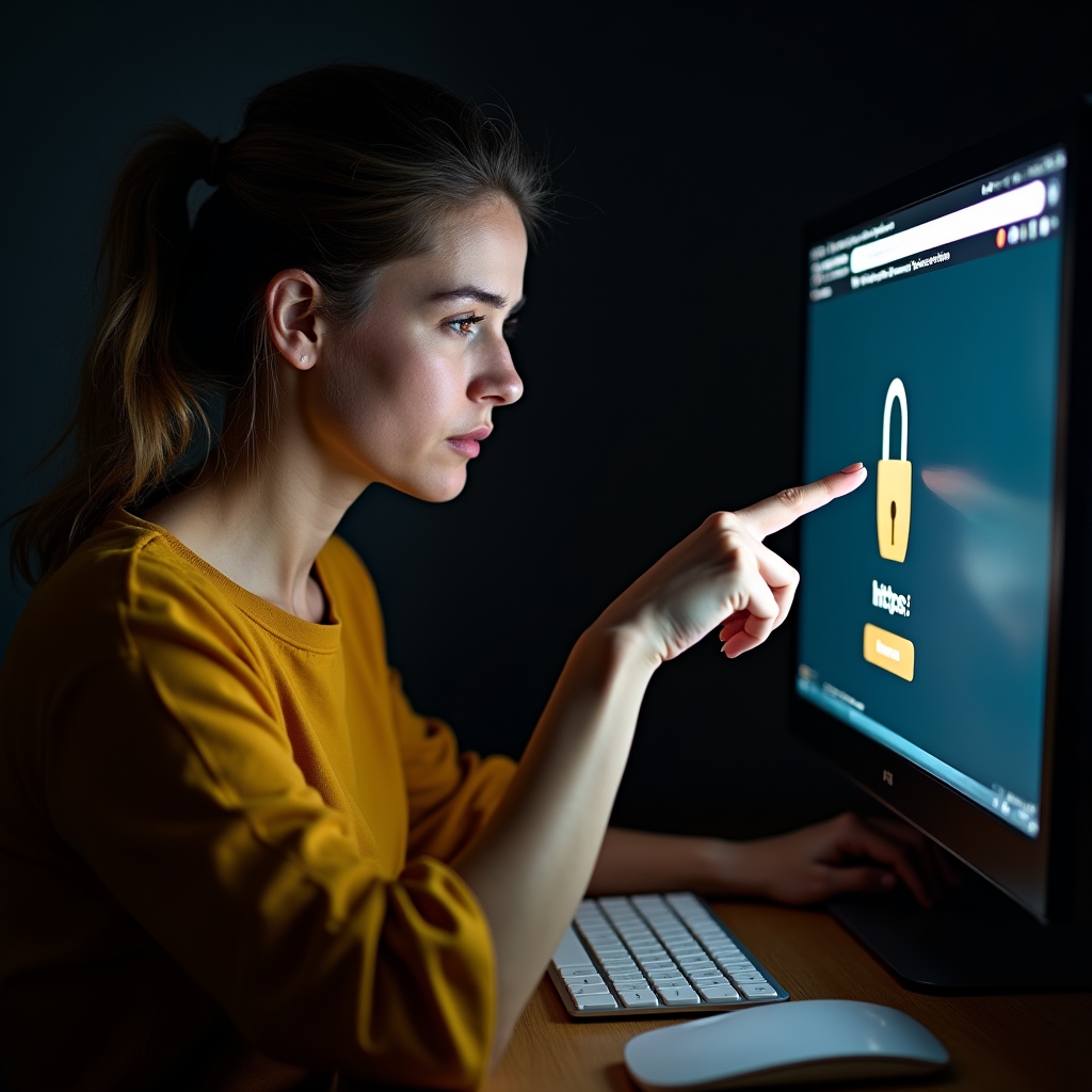 Osoba sprawdzająca bezpieczeństwo strony internetowej na ekranie
